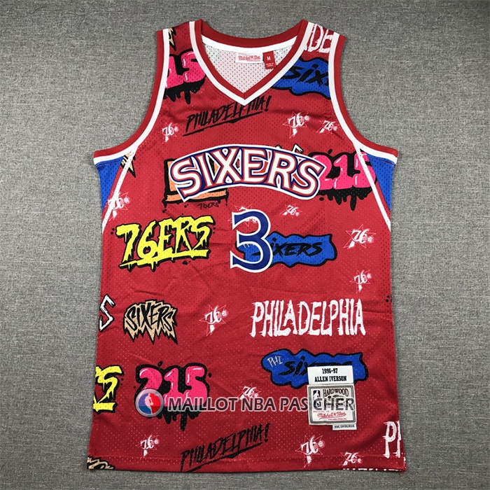 Maillot Philadelphia 76ers Allen Iverson Slap Sticker Mitchell & Ness 1996-97 Rouge
